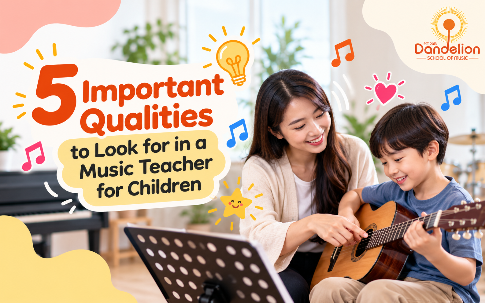 Music teacher teaching a child to play guitar