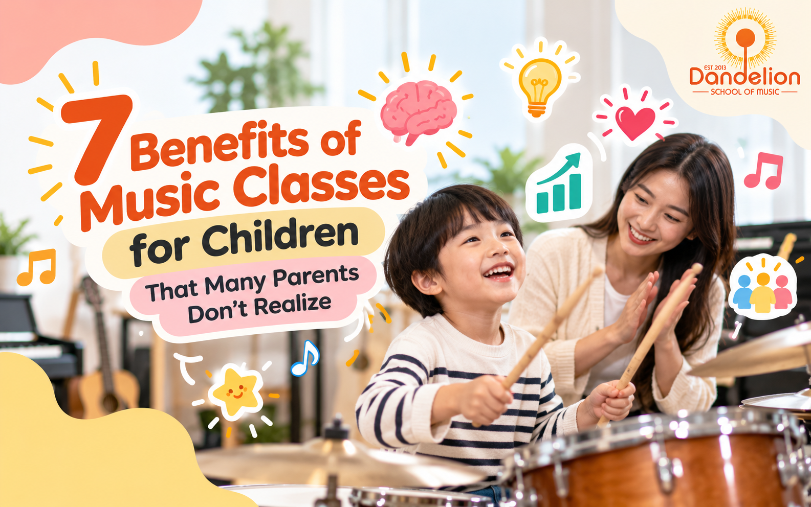 Child learning drums with a music teacher in a music class